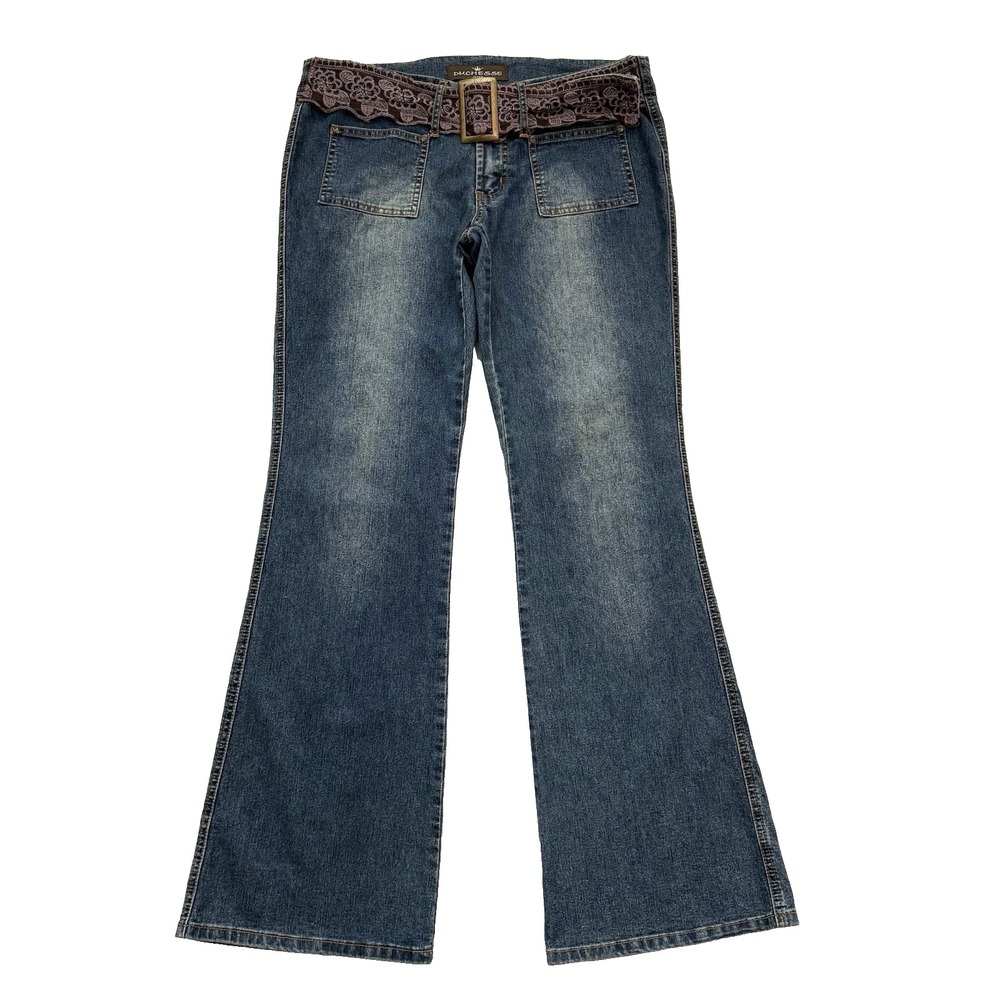 Vtg Y2K Low Rise Flare Jeans Lace Belt Women 10 M x 33" Boho Hippie Fairy Grunge